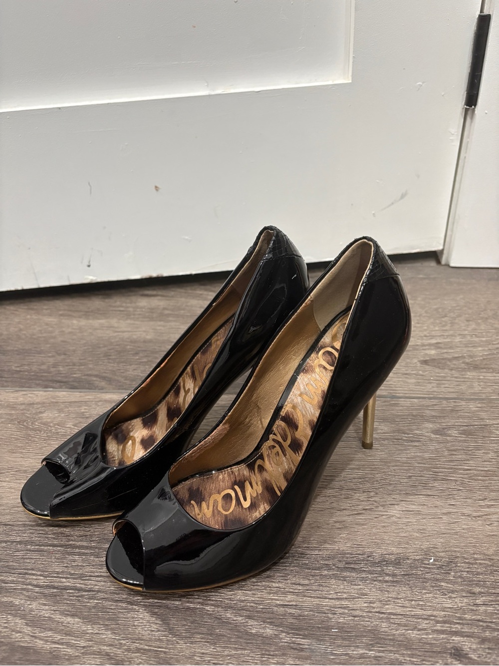 Sam Edelman Black Patent Peep Toe Stiletto Heels with Gold Heel